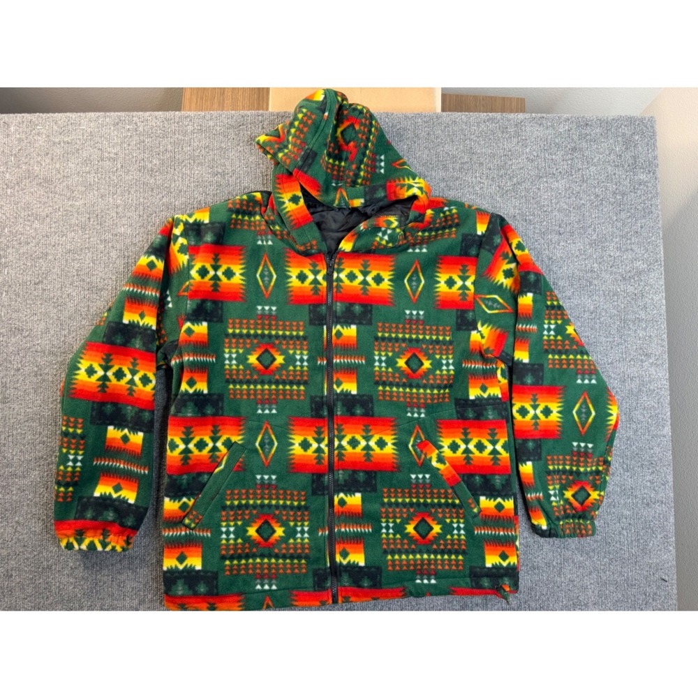 Unbranded XL Green Aztec Fleece Hoodie Full Zip Southwestern Jacket Mens Y2K